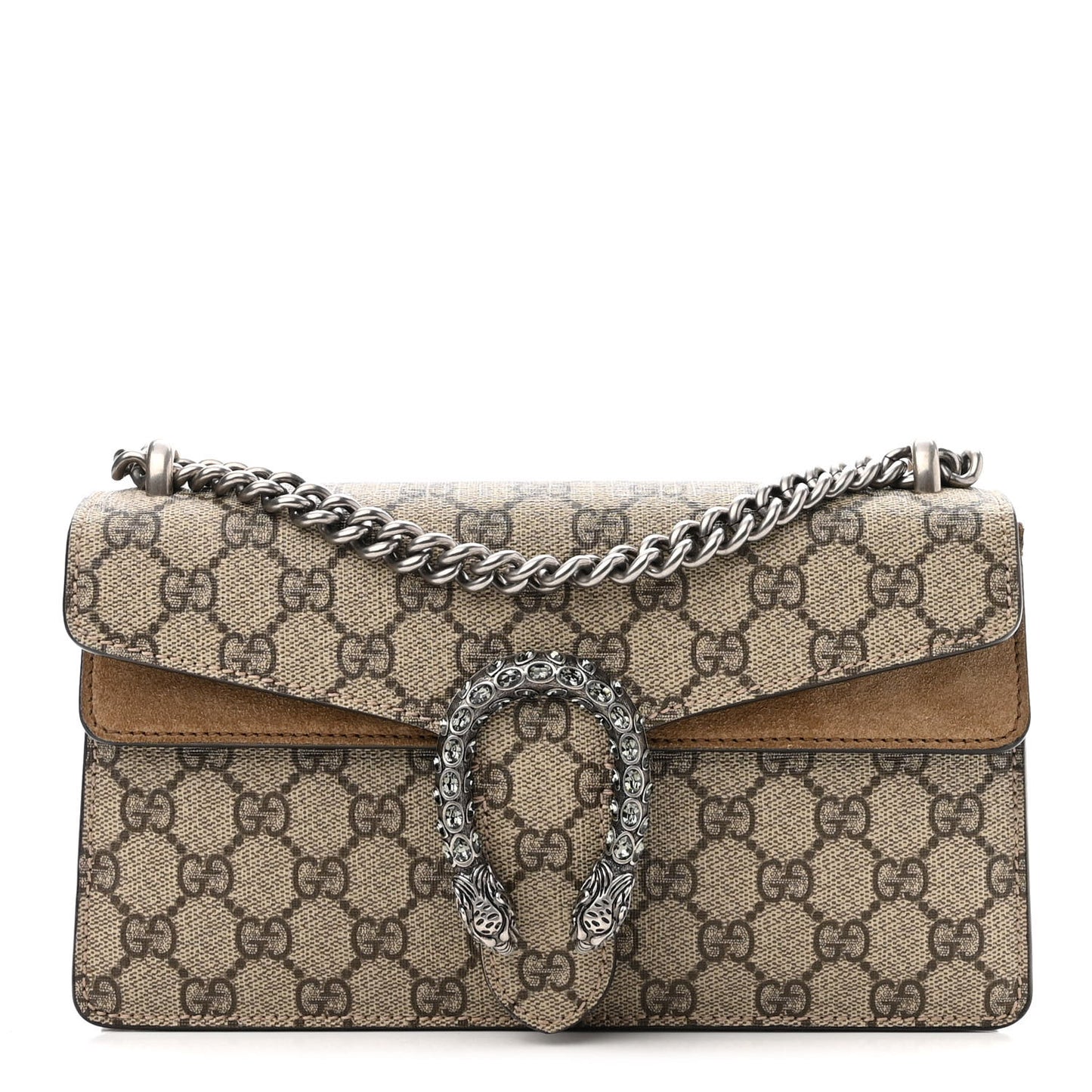 GG Supreme Monogram Suede Crystal Small Dionysus Shoulder Bag Beige Ebony Taupe