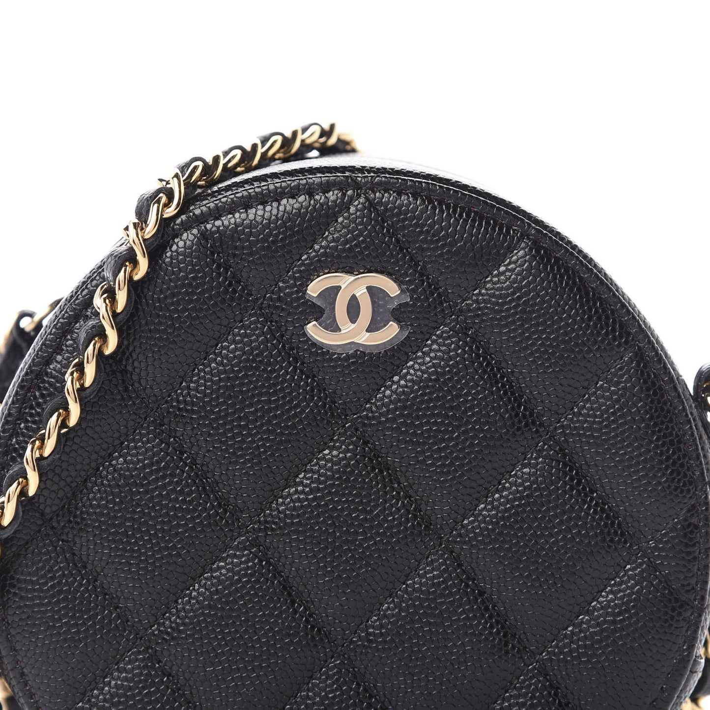 Caviar Quilted Round Clutch With Chain Black