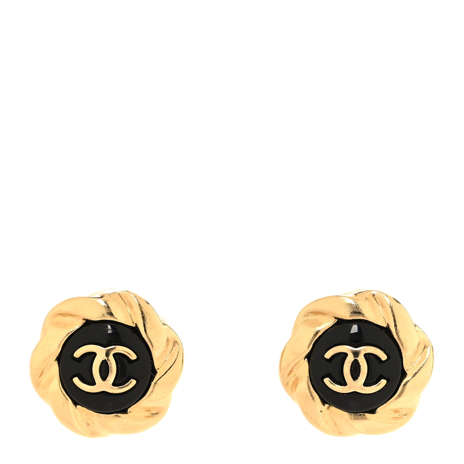 Chanel Resin CC Round Earrings Gold Black 1 of 5