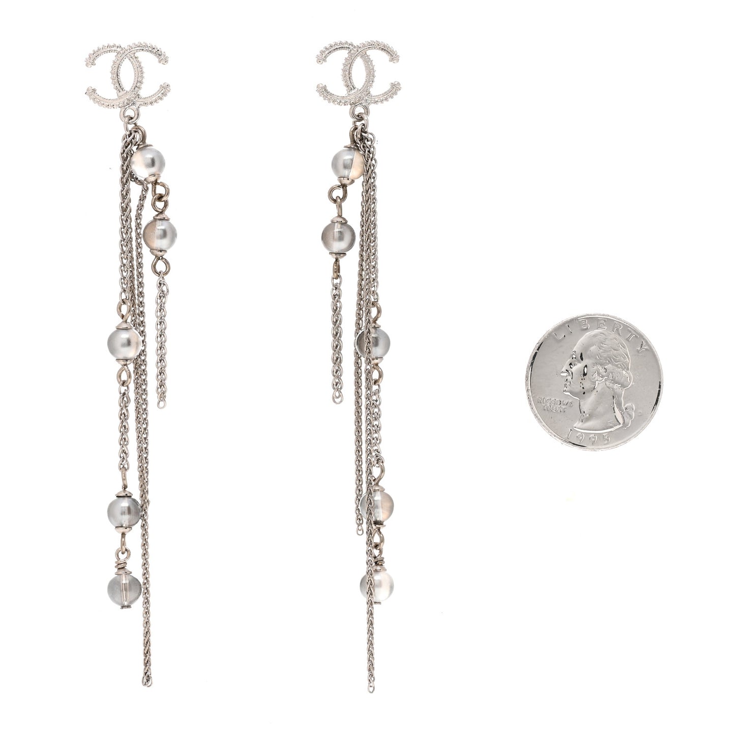 Metal Chain Pearl CC Drop Earrings Silver