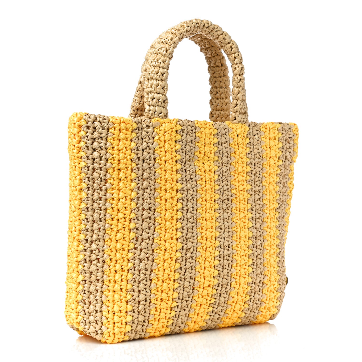 Prada Yarn Raffia Effect Crochet Striped Small Logo Tote Naturale Giallo 2 of 10