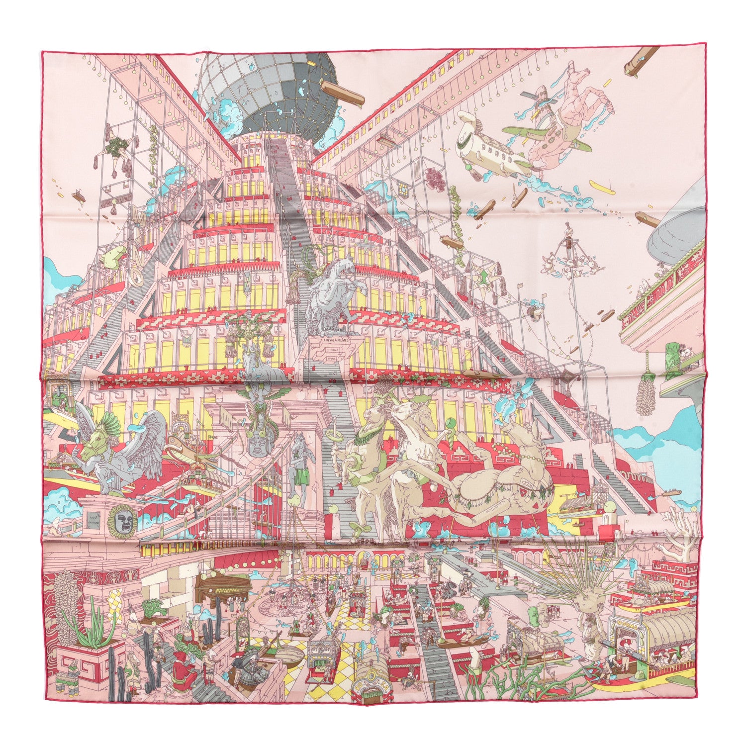 Hermes Silk La Legende Du Cheval A Plumes Scarf 90 Rose Pale Jaune Vif Turquoise 1 of 4
