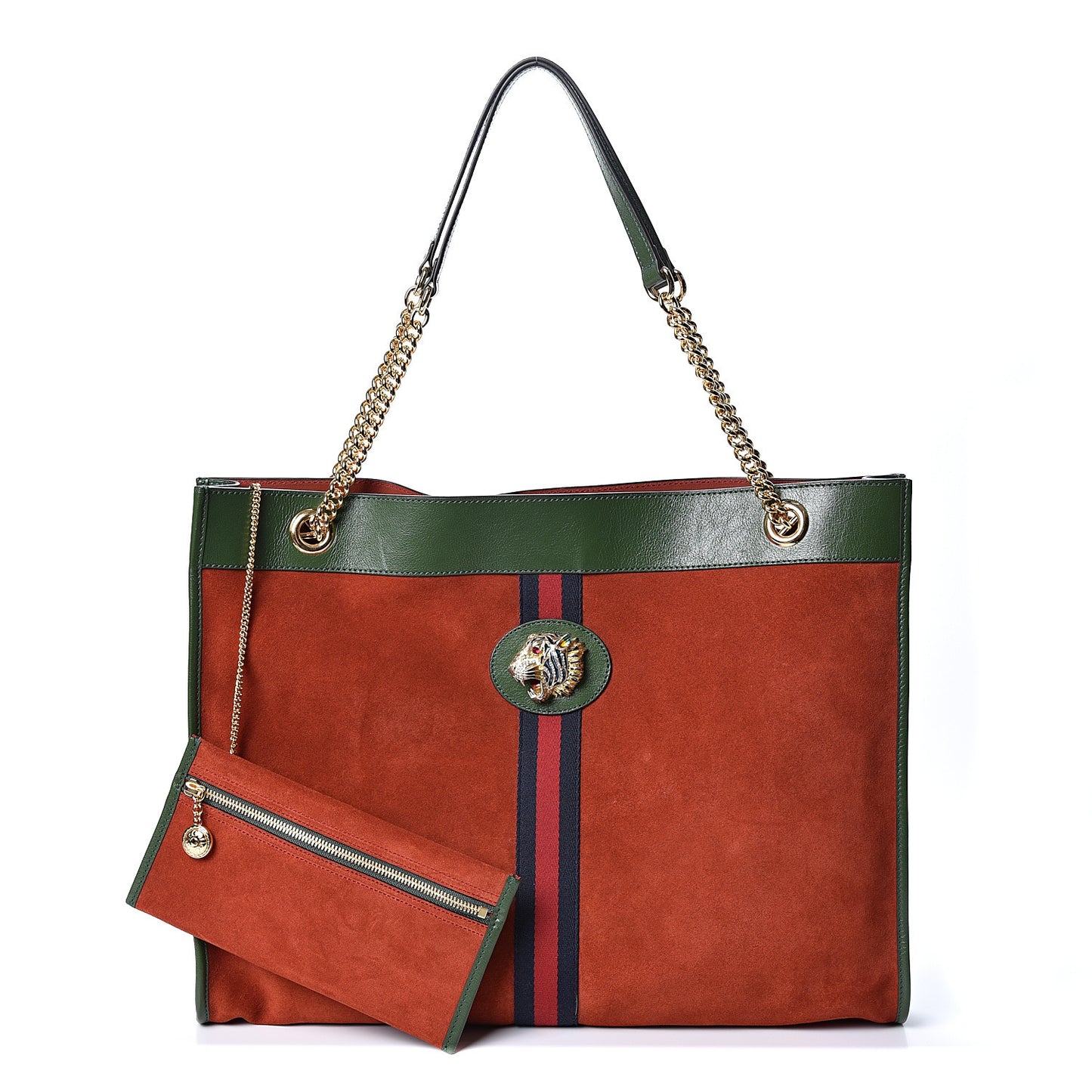 Suede Calfskin Large Rajah Chain Tote Hibiscus Red Green