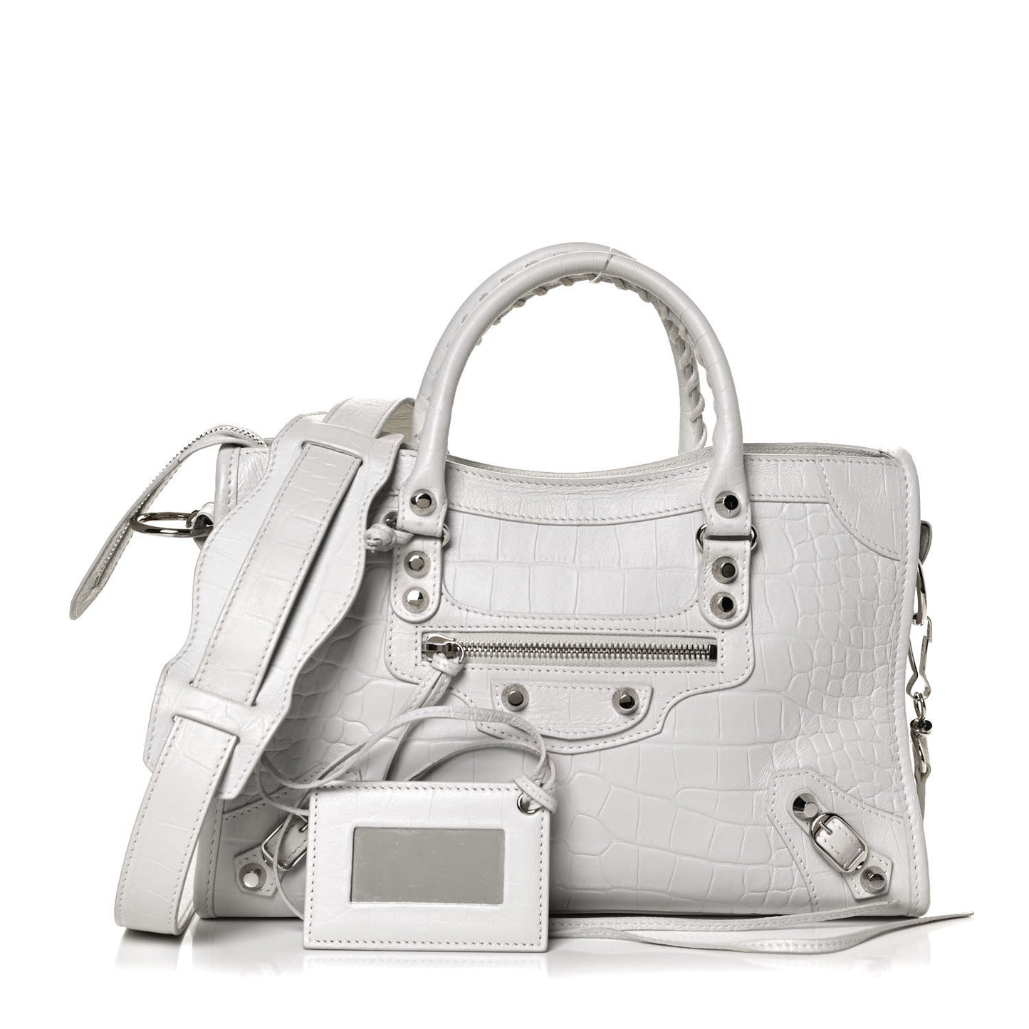 Matte Supple Lambskin Crocodile Embossed Classic Silver Hardware S City White