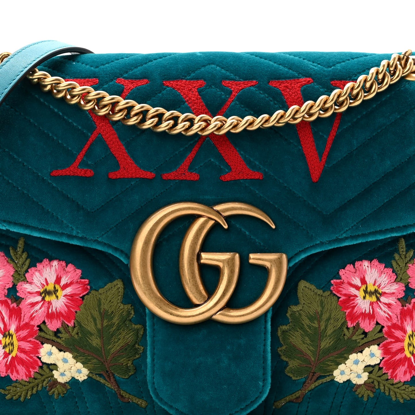 Velvet Matelasse XXV Embroidered Medium GG Marmont Shoulder Bag Pavone Cyan