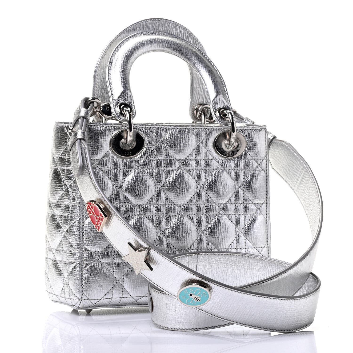 Christian Dior Metallic Grained Calfskin Cannage Small Lucky Badges My Lady Dior Silver 2 of 4