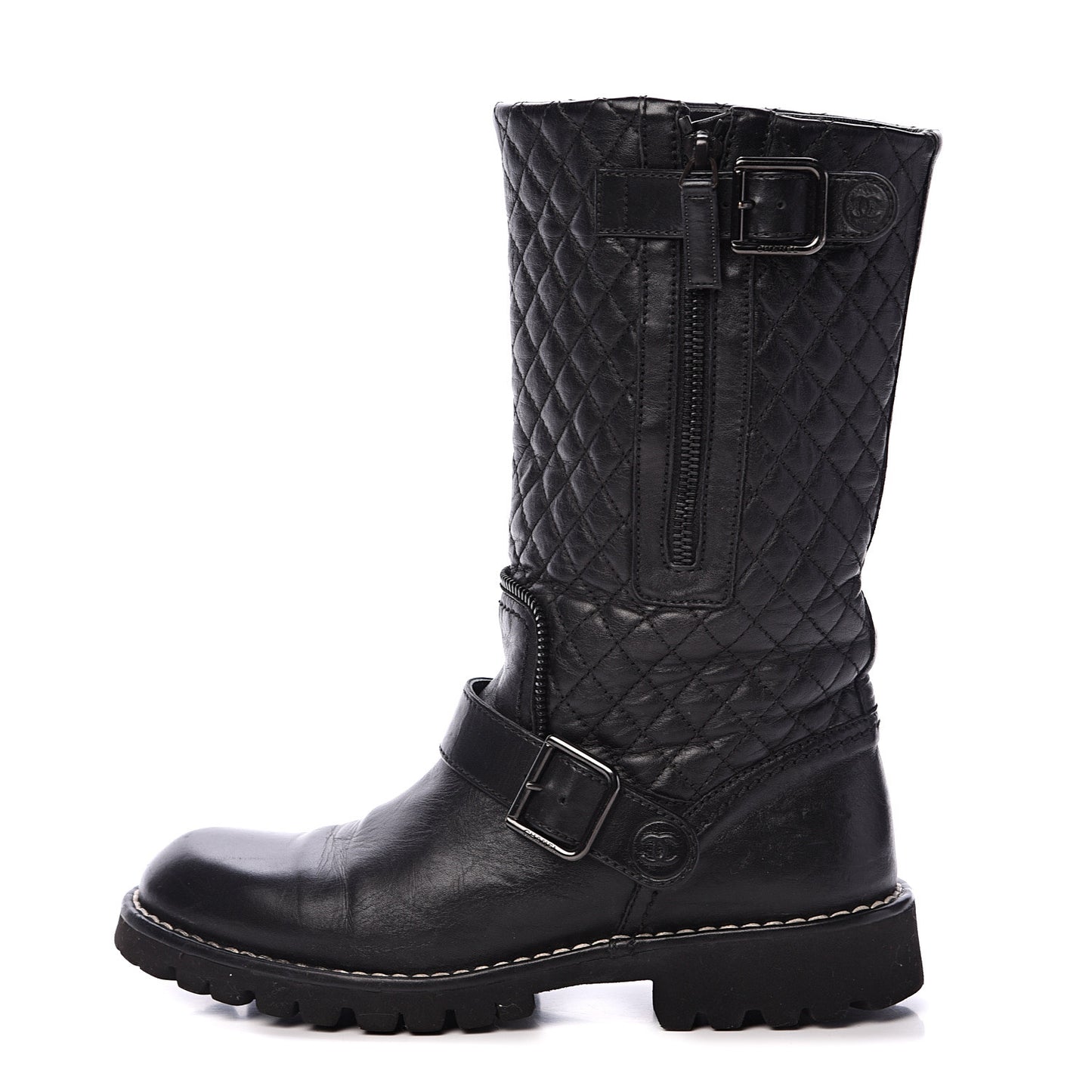 Calfskin Quilted Biker Boots 36.5 Black