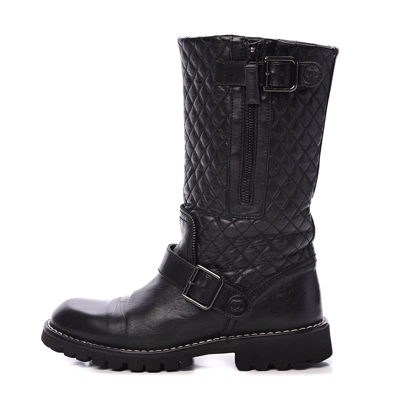 Chanel Calfskin Quilted Biker Boots 36.5 Black 1 of 9
