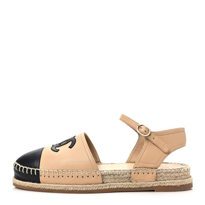 Chanel Lambskin Cap Toe CC Espadrille Sandals 38 Beige Black 1 of 8