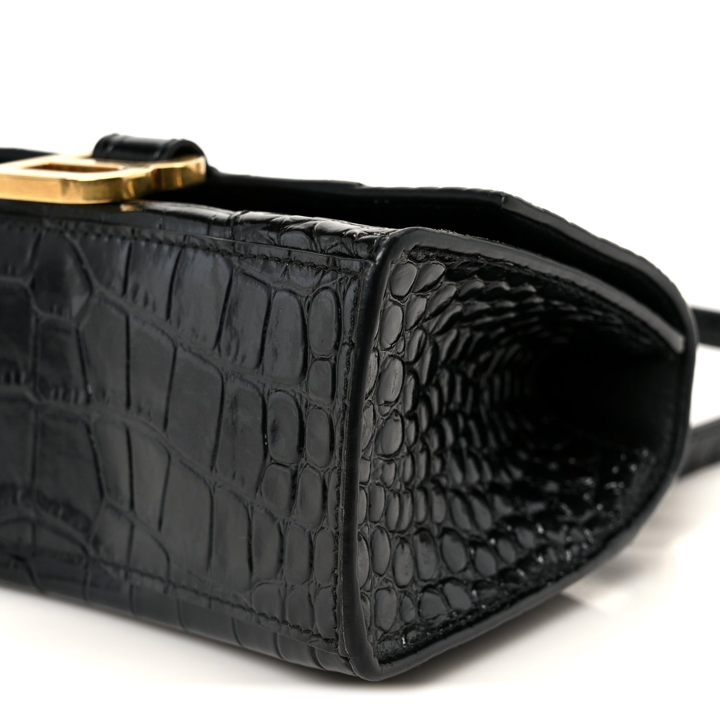 Shiny Calfskin Crocodile Embossed Hourglass Top Handle Bag XS Black