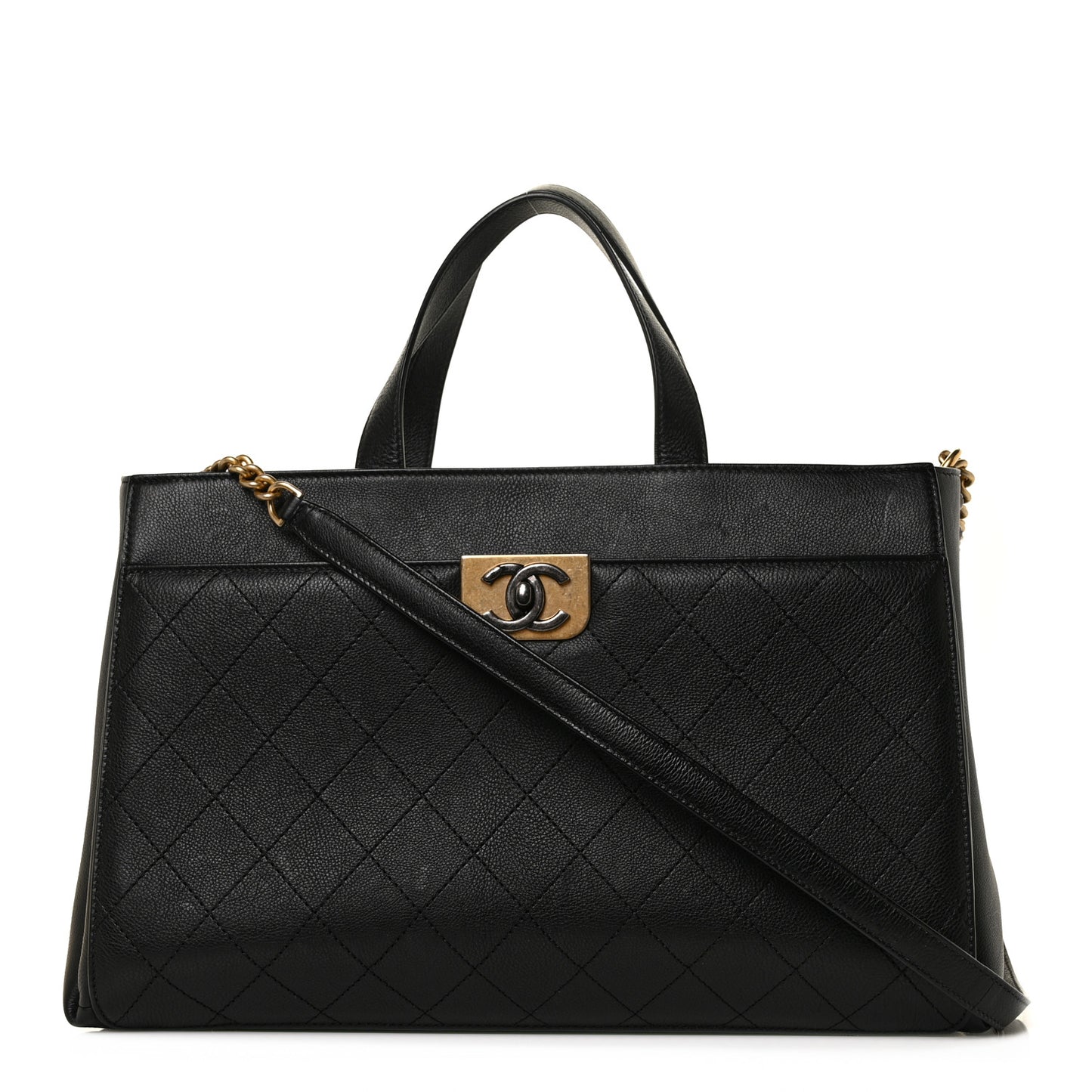 Calfskin Stitched Large Straight Lines Shopping Tote Black