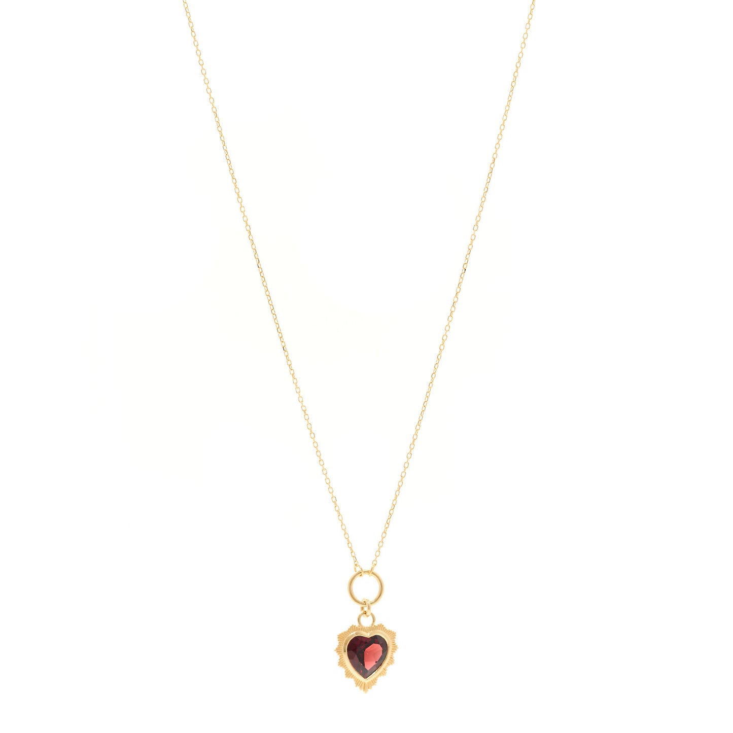18K Yellow Gold Garnet Heart Love Miniature Medallion Belcher Chain Necklace