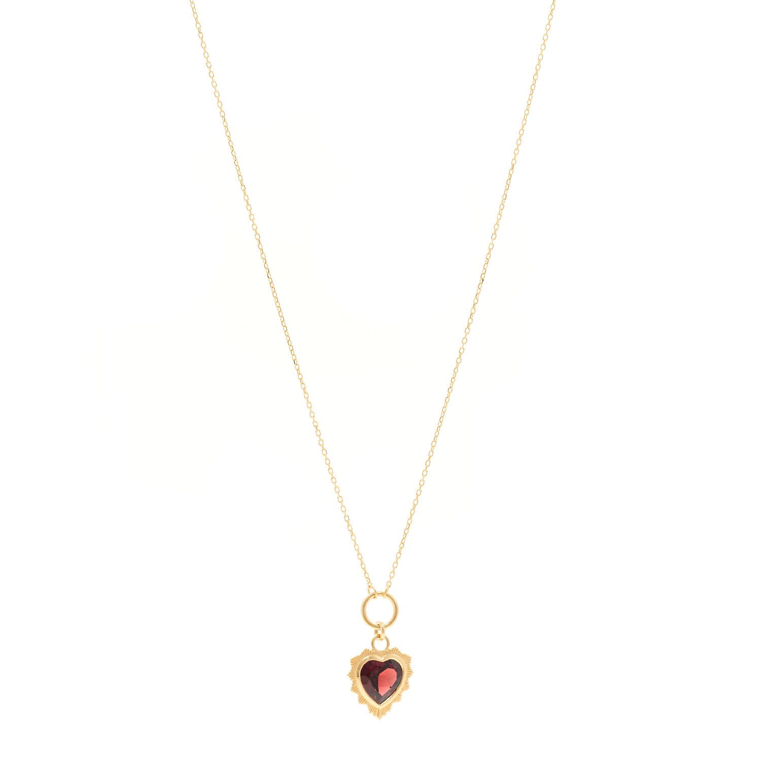 Foundrae 18K Yellow Gold Garnet Heart Love Miniature Medallion Belcher Chain Necklace 1 of 5