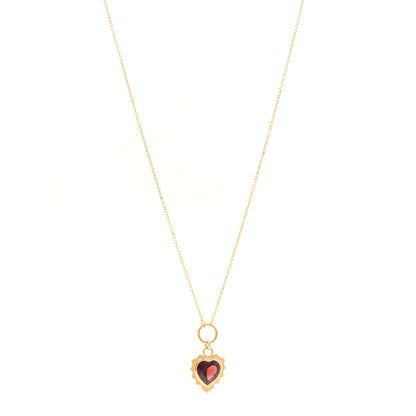 Foundrae 18K Yellow Gold Garnet Heart Love Miniature Medallion Belcher Chain Necklace 1 of 5