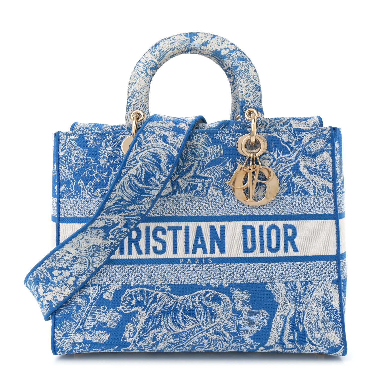 Christian Dior Toile de Jouy Embroidered Large Lady D-Lite Fluorescent Blue 1 of 14