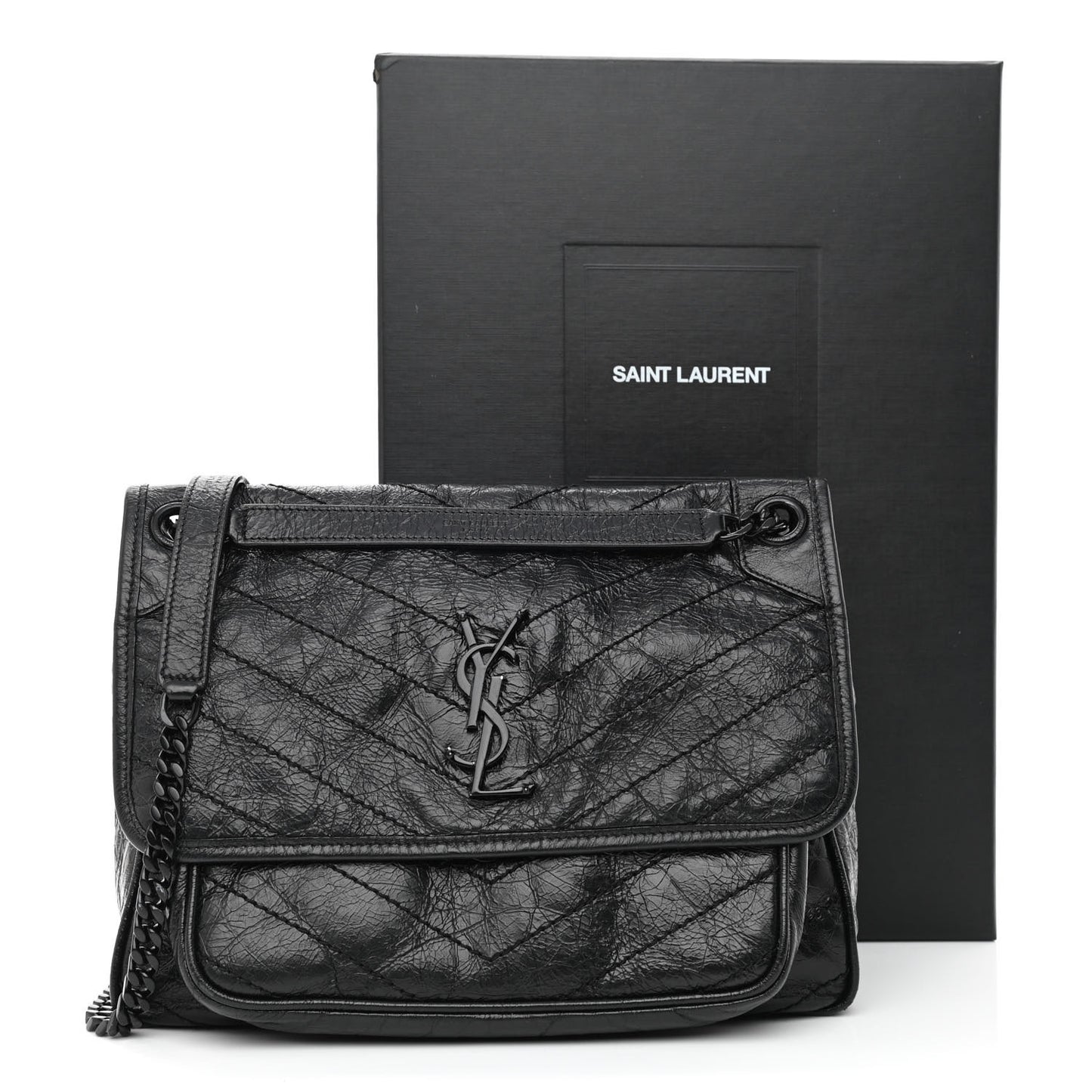 Crinkled Calfskin Matelasse Monogram Medium Niki Chain Satchel Black