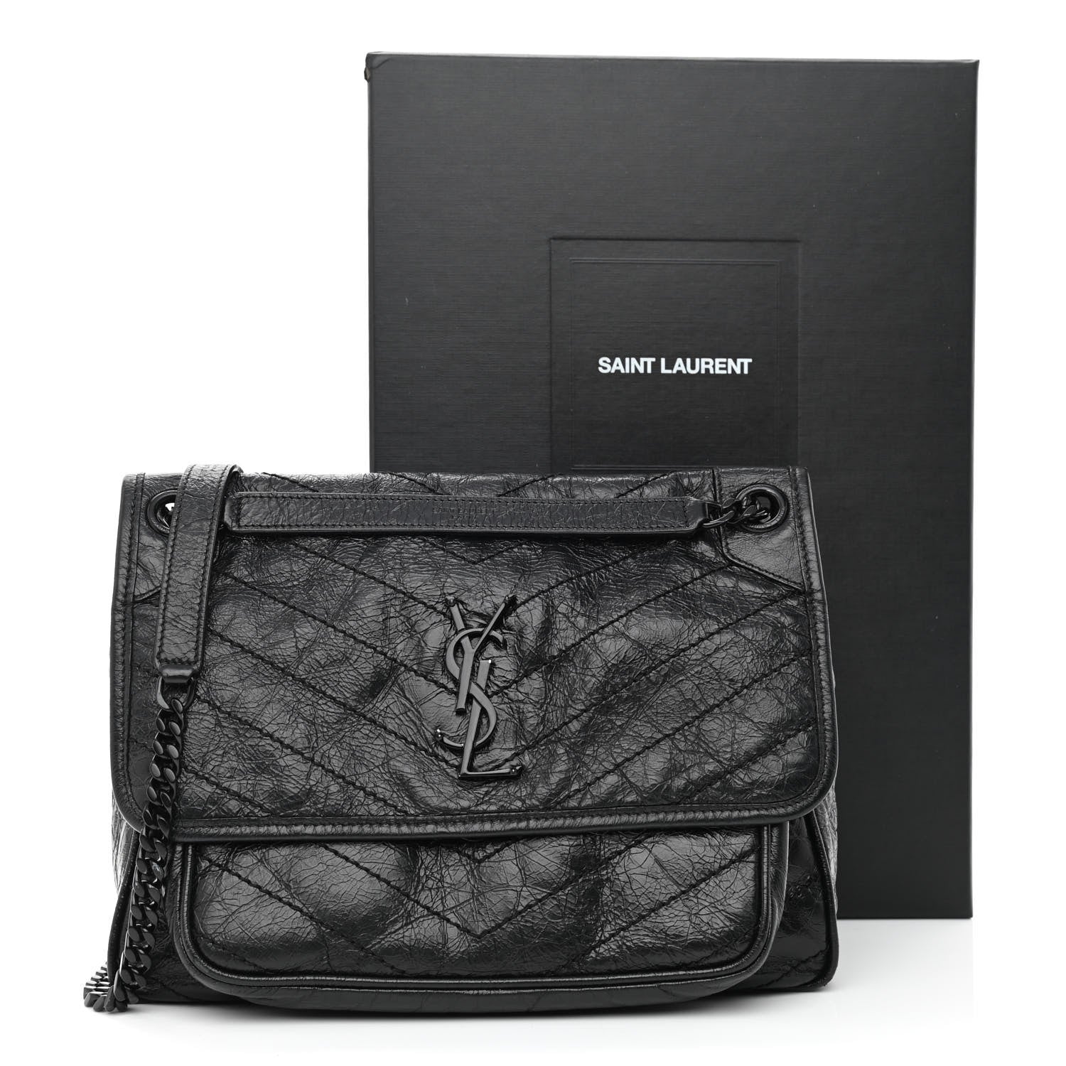 Saint Laurent Crinkled Calfskin Matelasse Monogram Medium Niki Chain Satchel Black 14 of 14