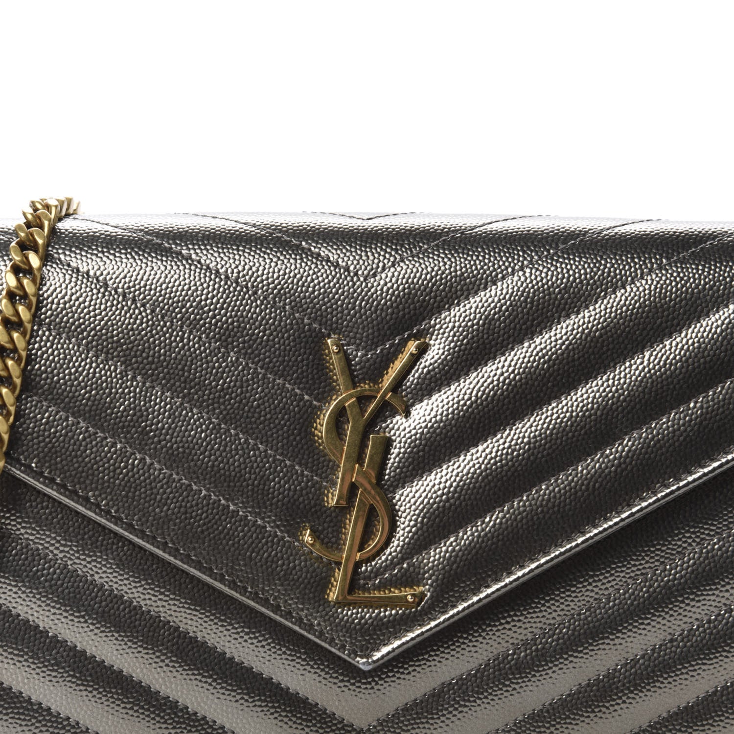 Saint Laurent Metallic Grain De Poudre Matelasse Chevron Monogram Chain Wallet Gold 11 of 11