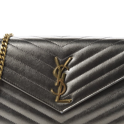 Saint Laurent Metallic Grain De Poudre Matelasse Chevron Monogram Chain Wallet Gold 11 of 11