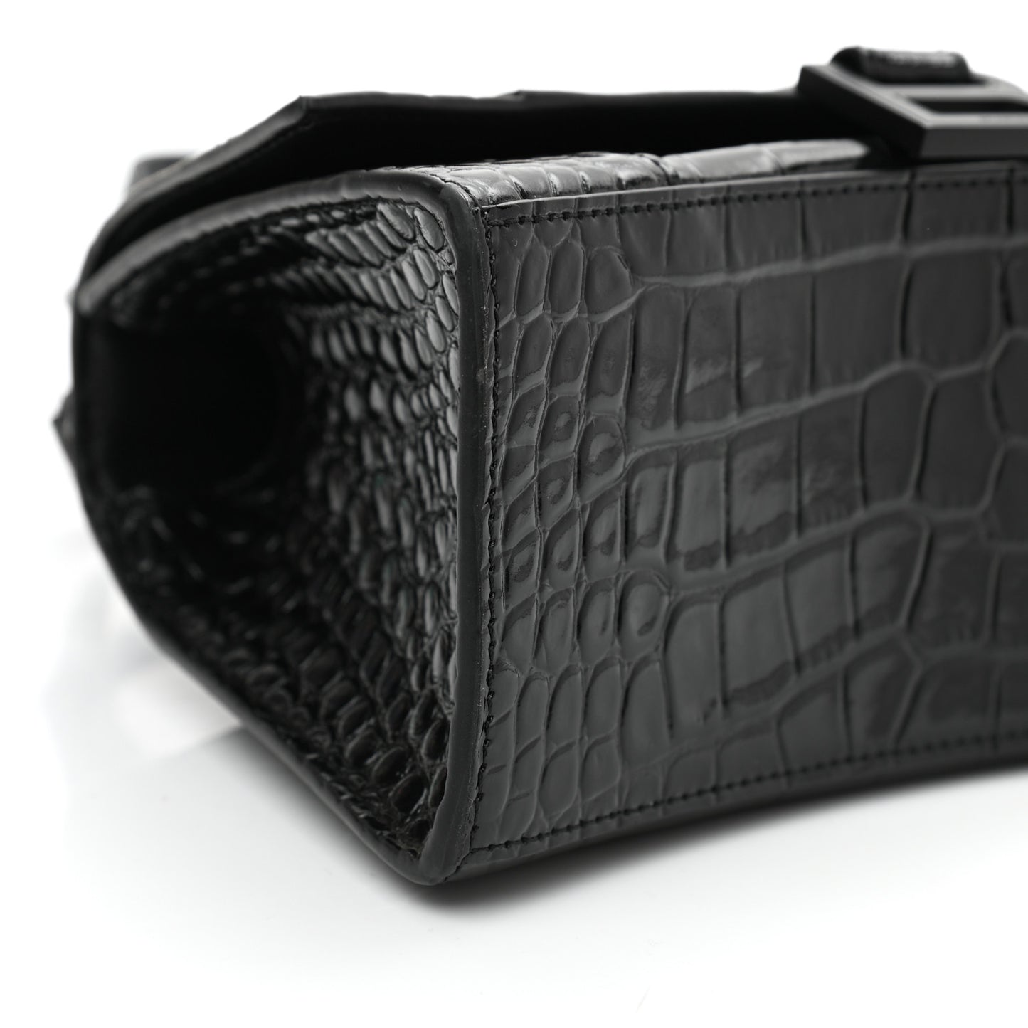 Shiny Calfskin Monochrome Crocodile Embossed Small Hourglass Top Handle Bag Black