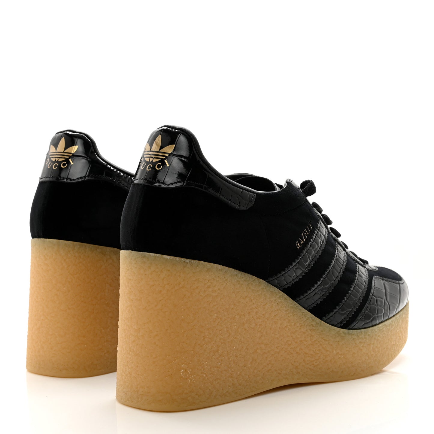 X ADIDAS Velvet Crocodile Embossed Gazelle Wedge Sneakers 39 Black