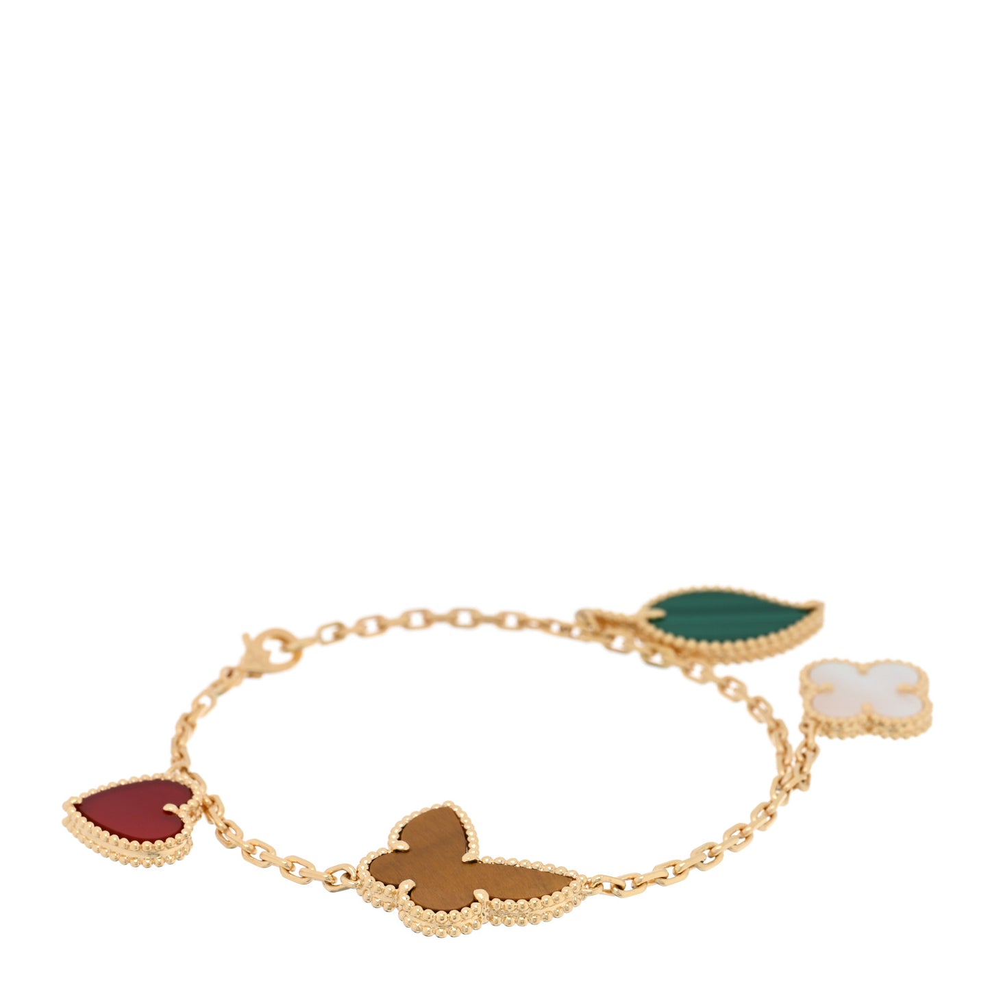 18K Yellow Gold Mother of Pearl Malachite Carnelian Tiger Eye 4 Motifs Lucky Alhambra Bracelet