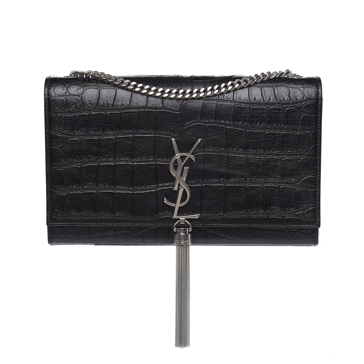 Calfskin Crocodile Embossed Medium Classic Monogram Kate Tassel Satchel Black