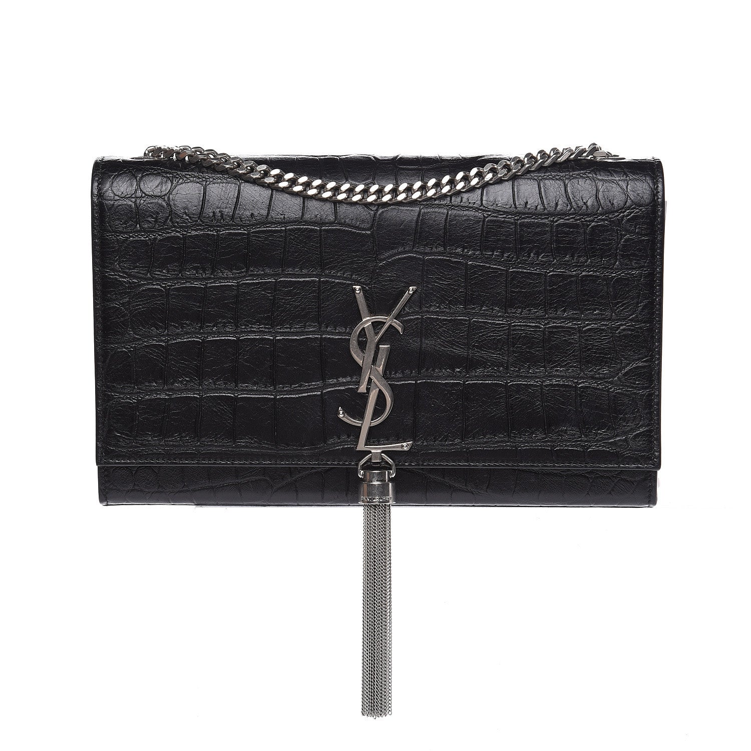 Saint Laurent Calfskin Crocodile Embossed Medium Classic Monogram Kate Tassel Satchel Black 1 of 9