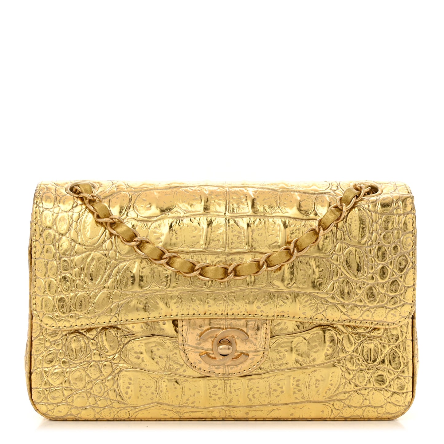 Metallic Calfskin Crocodile Embossed Cocodile Small Double Flap  Gold