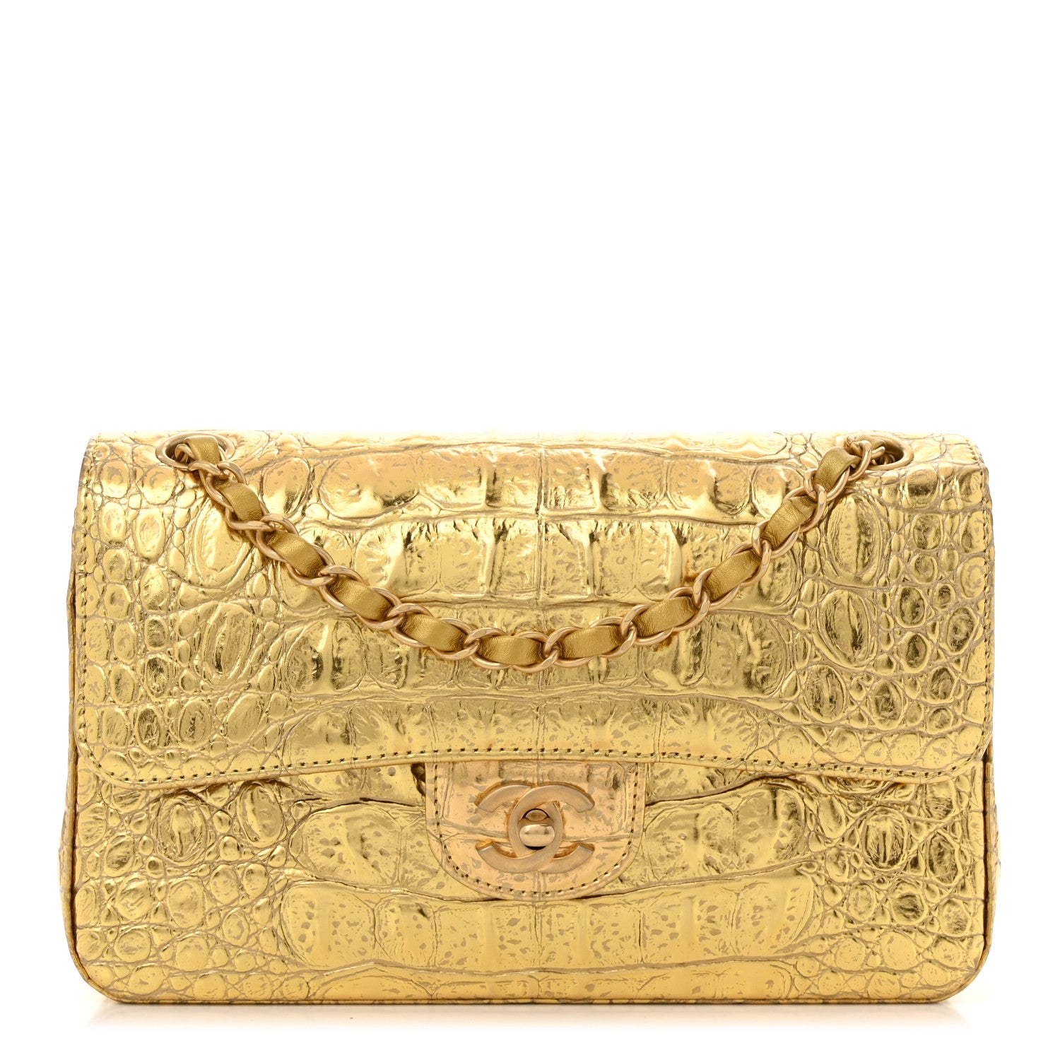 Chanel Metallic Calfskin Crocodile Embossed Cocodile Small Double Flap  Gold 1 of 10