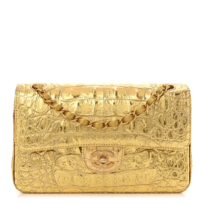 Chanel Metallic Calfskin Crocodile Embossed Cocodile Small Double Flap  Gold 1 of 10
