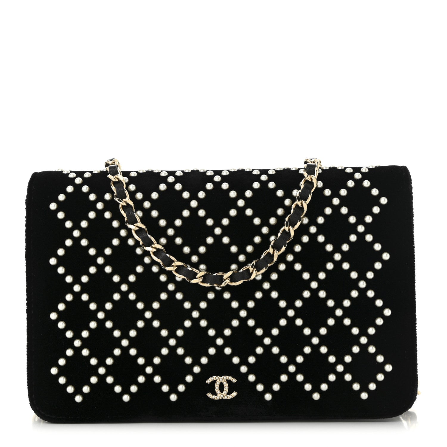 Chanel Velvet Pearl Diamond Embellished Wallet On Chain WOC Black 1 of 12