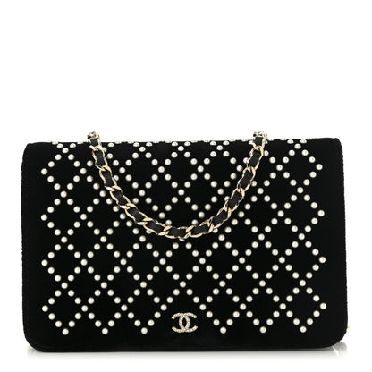 Chanel Velvet Pearl Diamond Embellished Wallet On Chain WOC Black 1 of 12