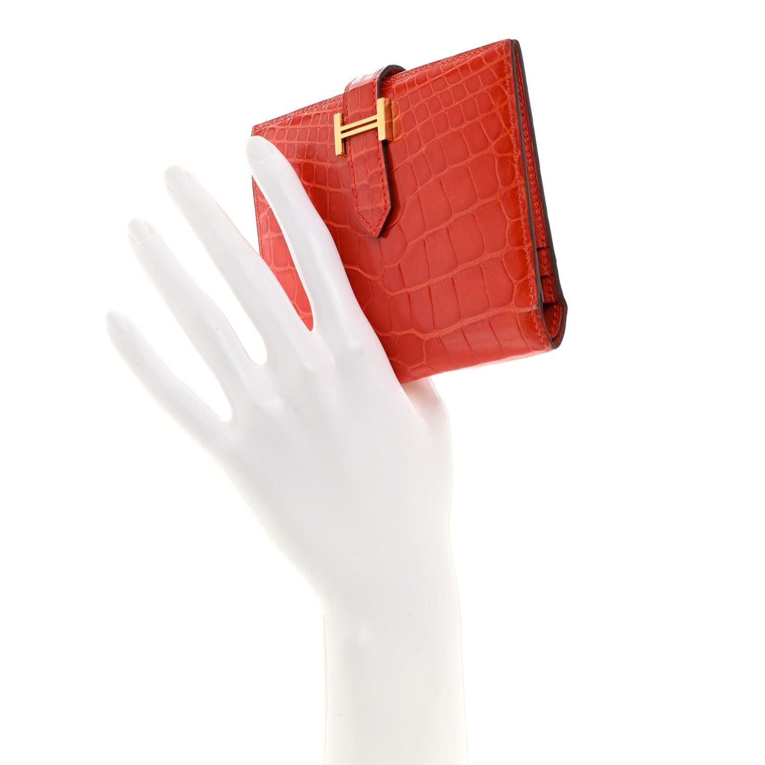 Hermes Shiny Alligator Bearn Compact Wallet Orange Poppy 2 of 7