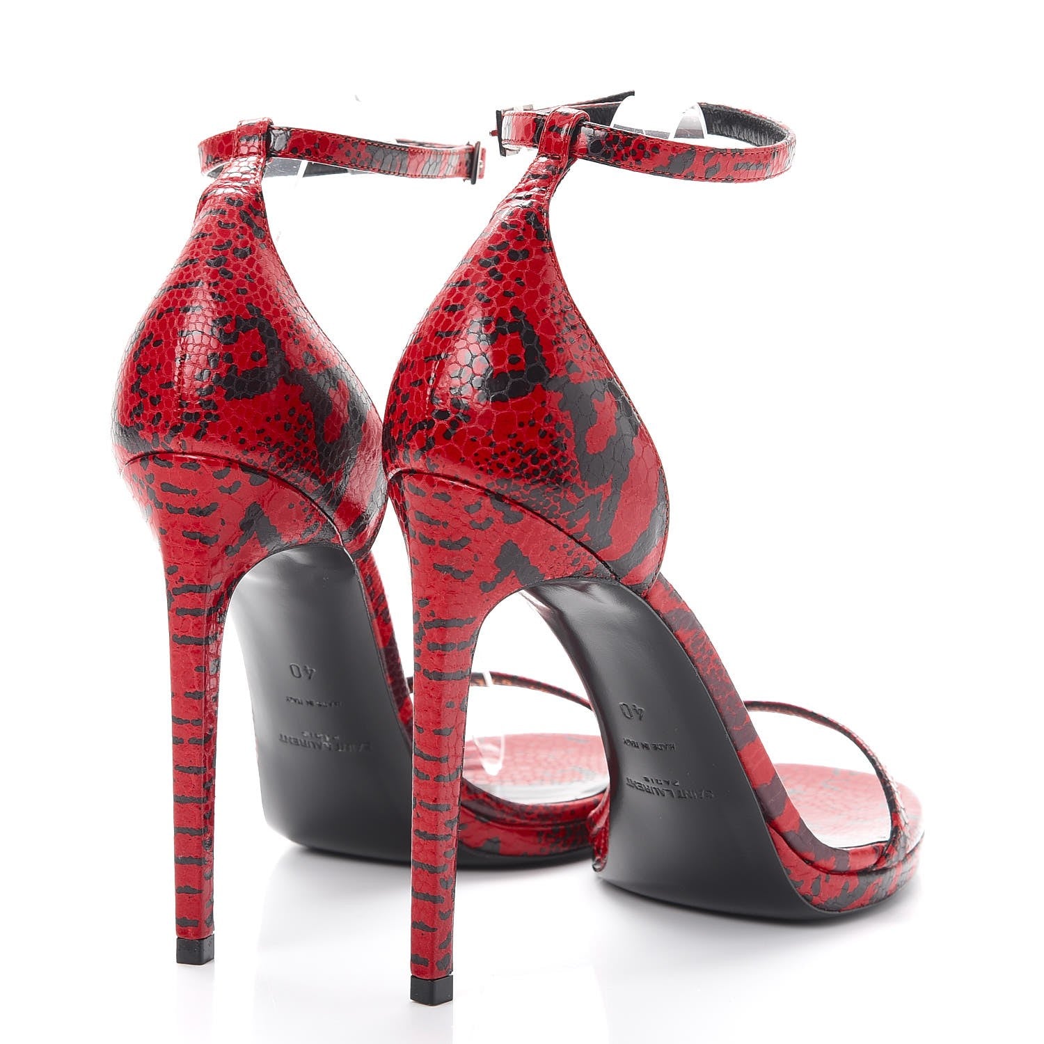 Saint Laurent Snake Calfskin Embossed Jane 105 Ankle Strap Sandals 40 Red Black 4 of 10