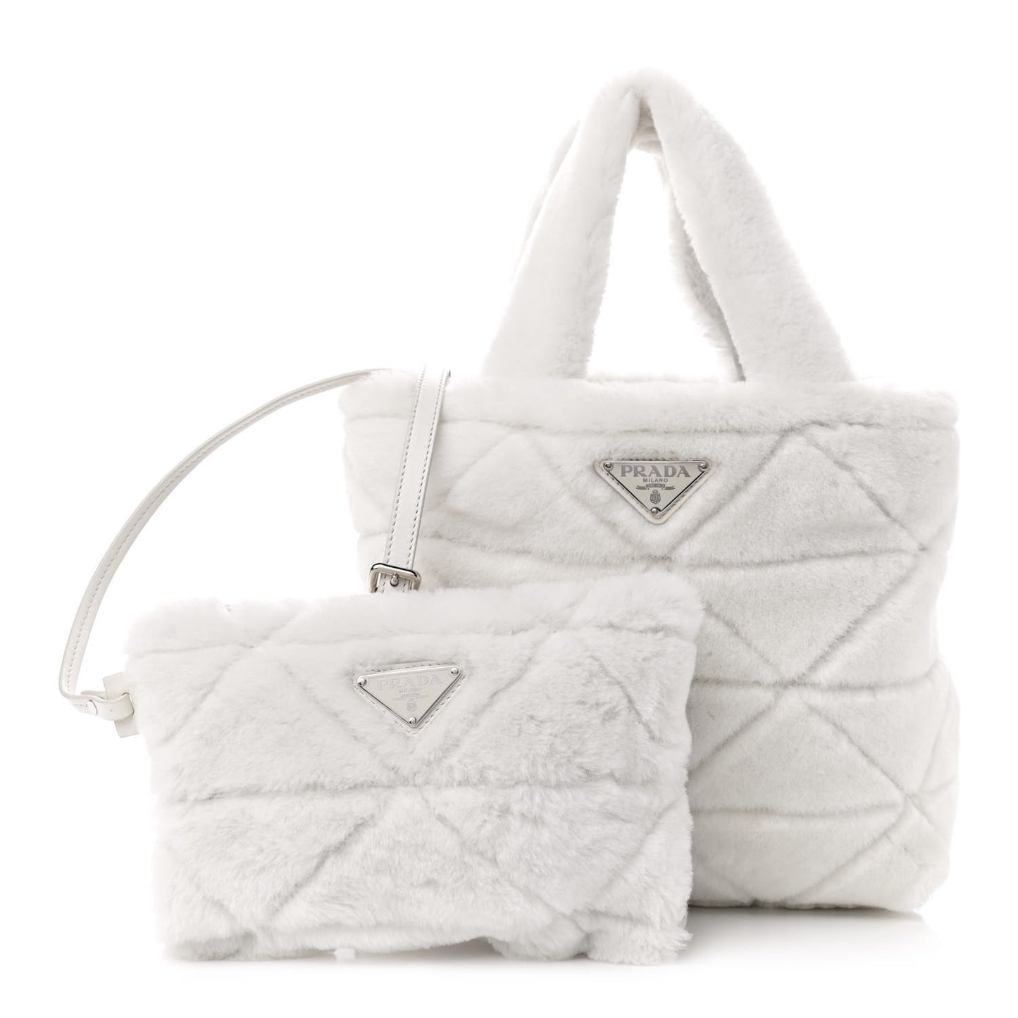 Shearling Nappa Triangle Quilted Patchwork System Tote White