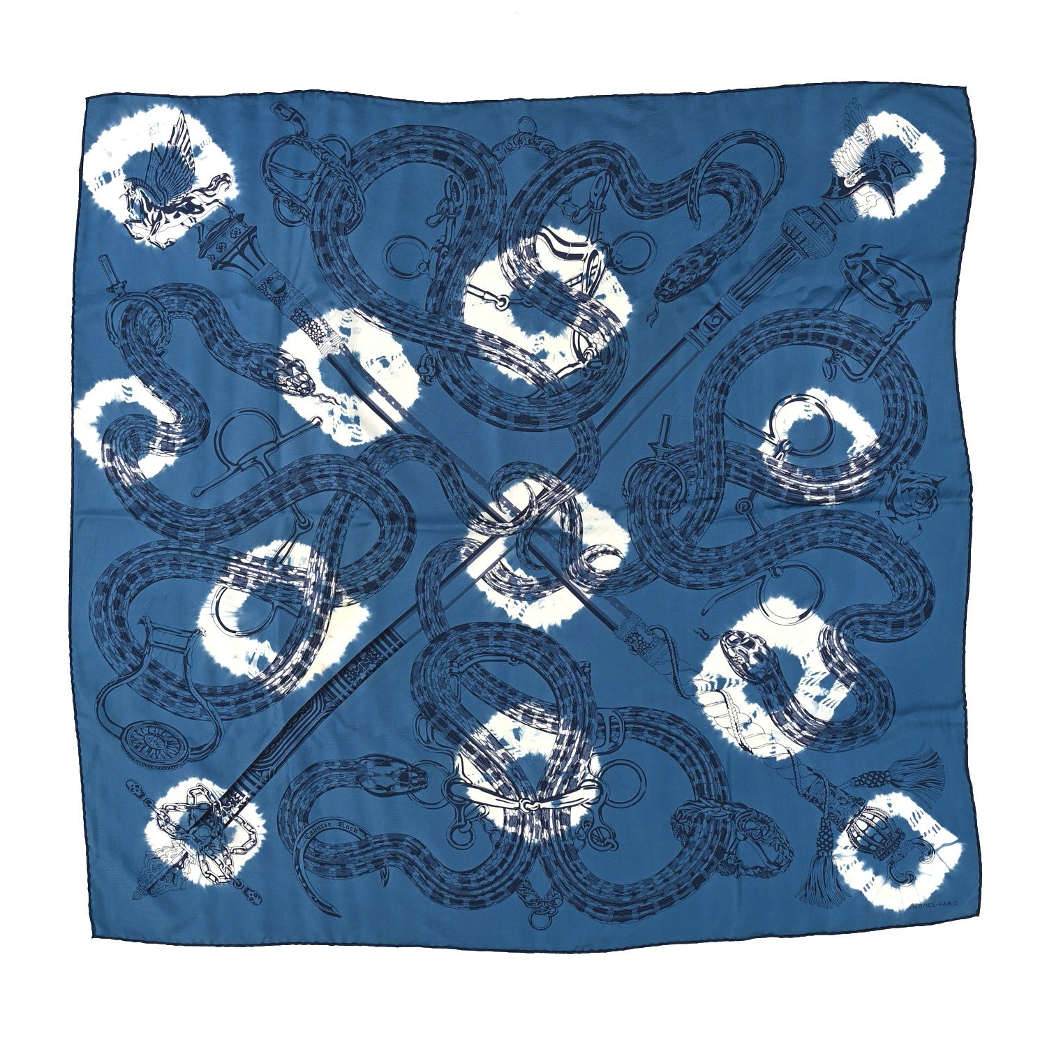Hermes Silk Caducee Rock Tie and Dye Scarf 100 Blue Jean Marine 1 of 7