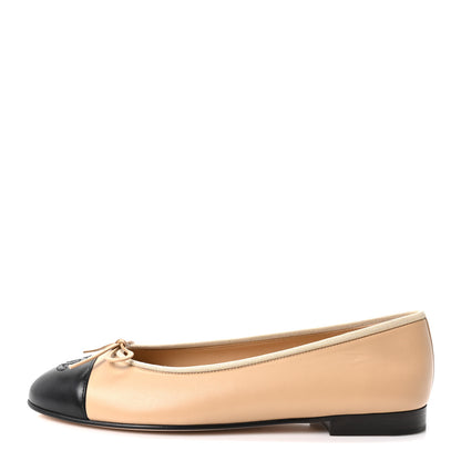 Chanel Lambskin Cap Toe CC Ballerina Flats 39.5 Beige Black 1 of 10