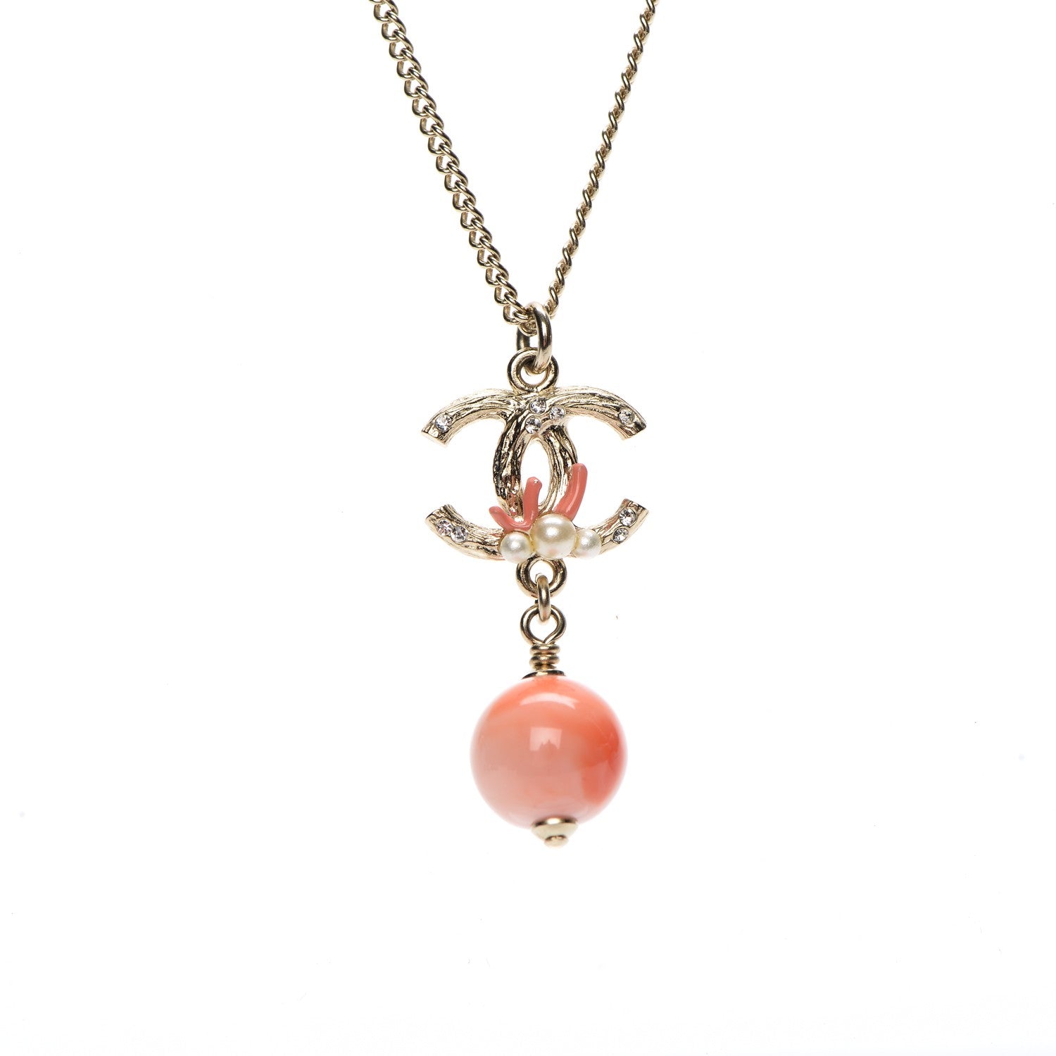 Chanel Coral Pearl Crystal CC Drop Necklace Gold 3 of 5