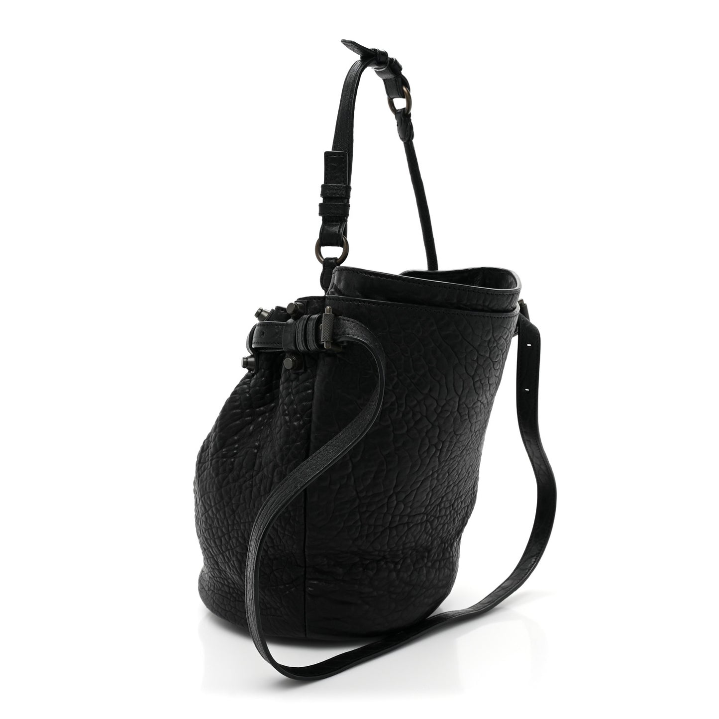 Pebbled Lambskin Diego Bucket Bag Black Nickel Hardware