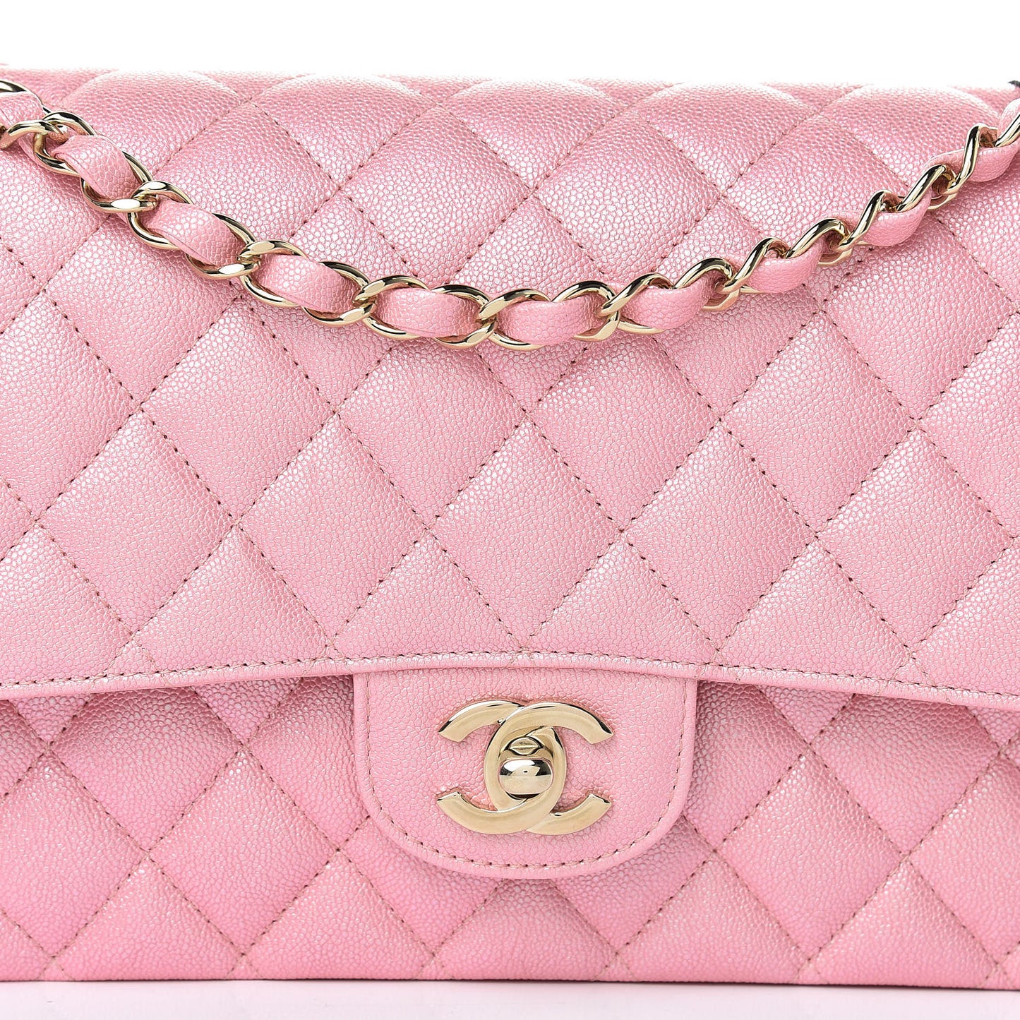 Iridescent Caviar Quilted Medium Double Flap Rose Pink