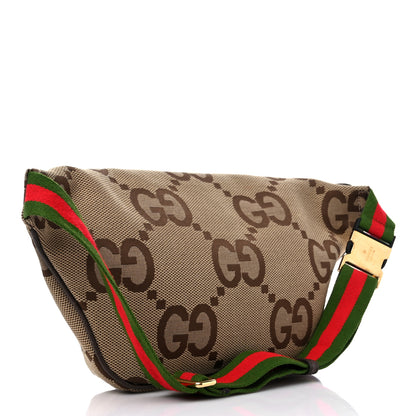 Gucci Monogram Jumbo GG Textured Dollar Calfskin Web Belt Bag Camel Ebony New Acero 3 of 8