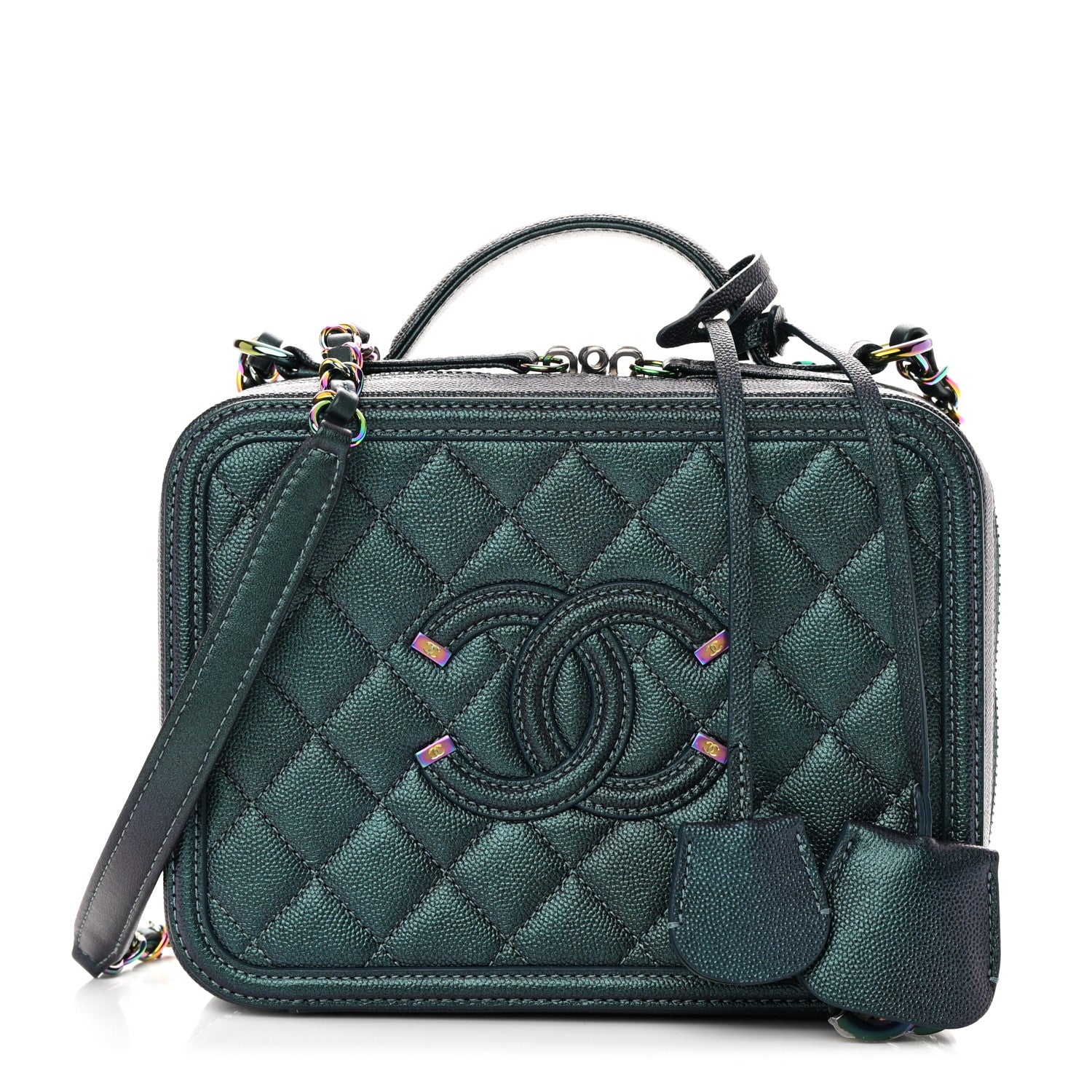 Chanel Iridescent Caviar Quilted Medium CC Filigree Vanity Case Dark Turquoise 1 of 10