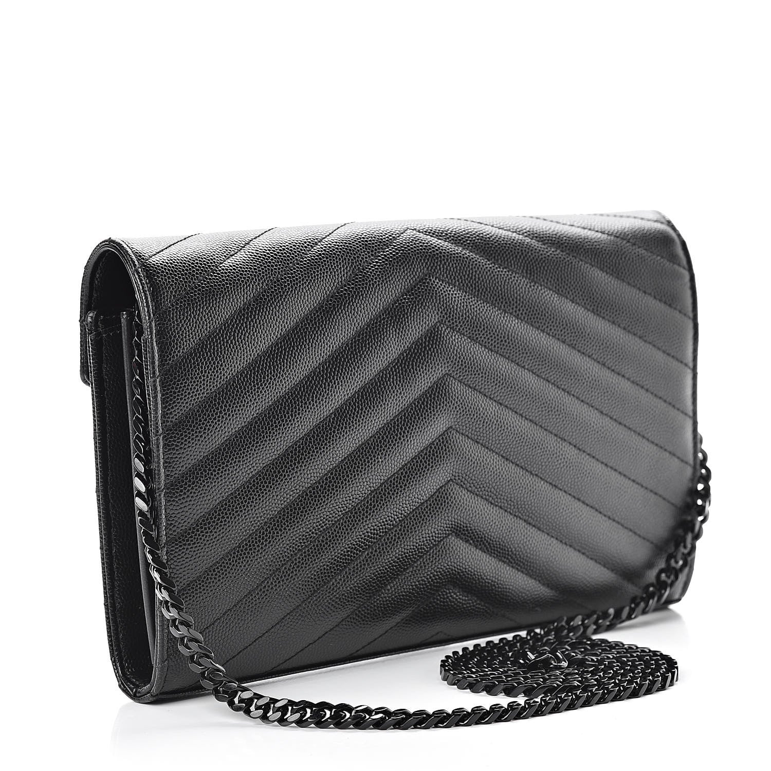 Saint Laurent Grain De Poudre Matelasse Chevron Monogram Chain Wallet Black 3 of 12