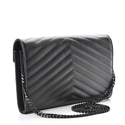 Saint Laurent Grain De Poudre Matelasse Chevron Monogram Chain Wallet Black 3 of 12