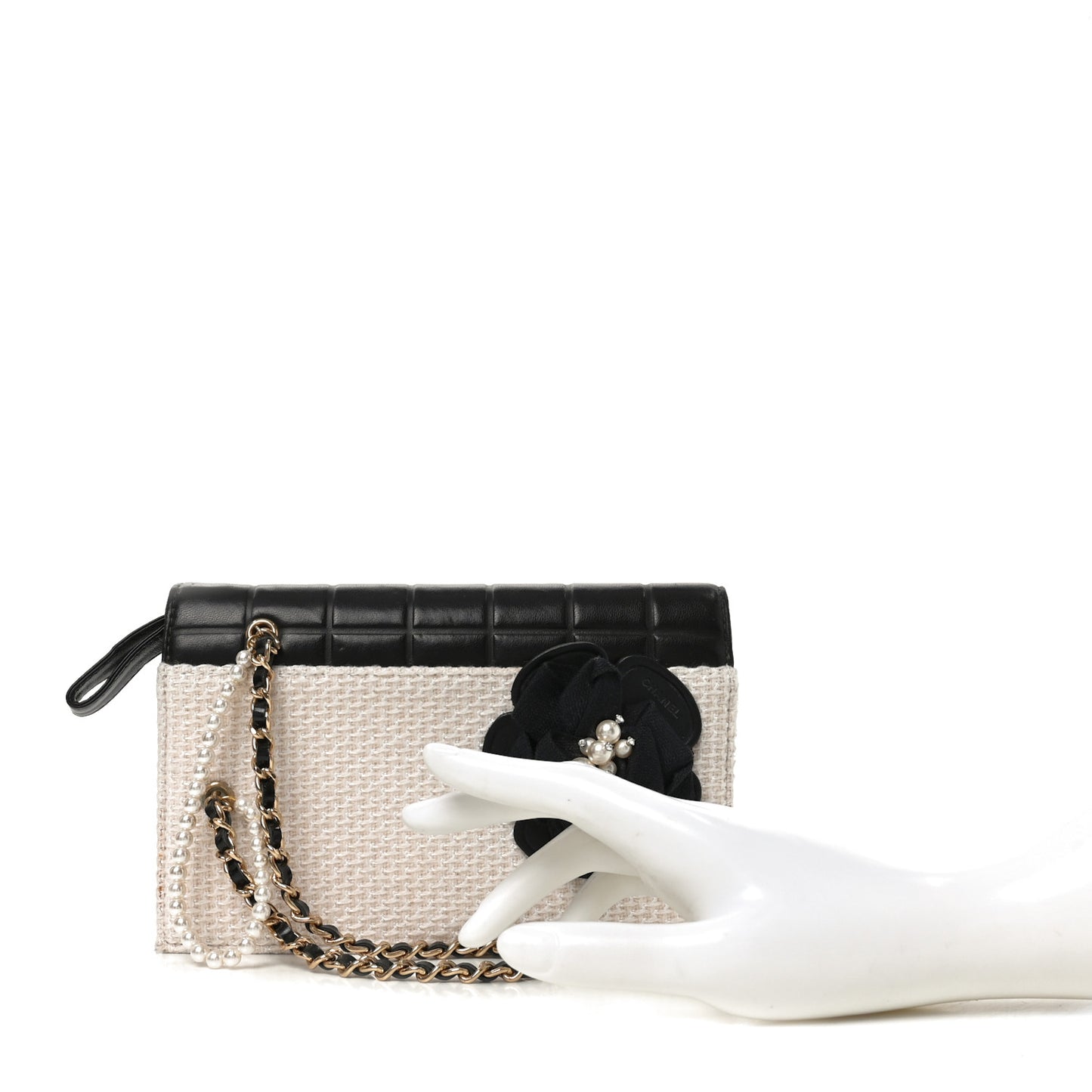 Tweed Jersey Lambskin Camellia Flap Chocolate Bar Pearl Chain Flap Clutch Black Beige