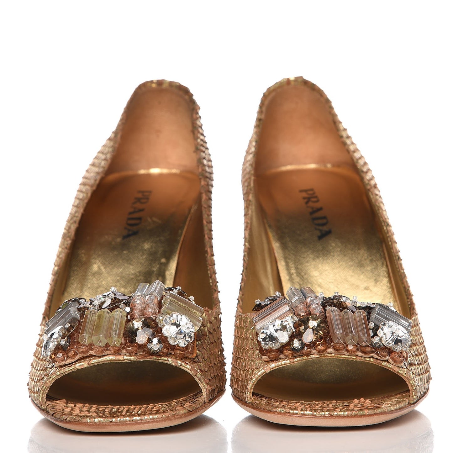 Metallic Snakeskin Crystal Peep Toe Pumps 37 Gold