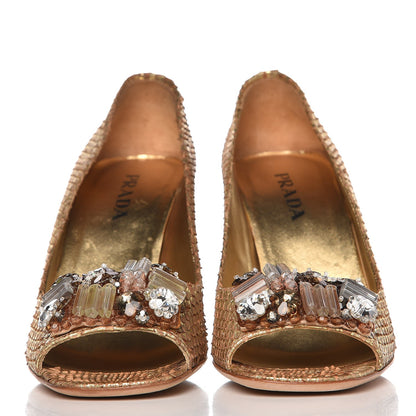 Prada Metallic Snakeskin Crystal Peep Toe Pumps 37 Gold 3 of 14