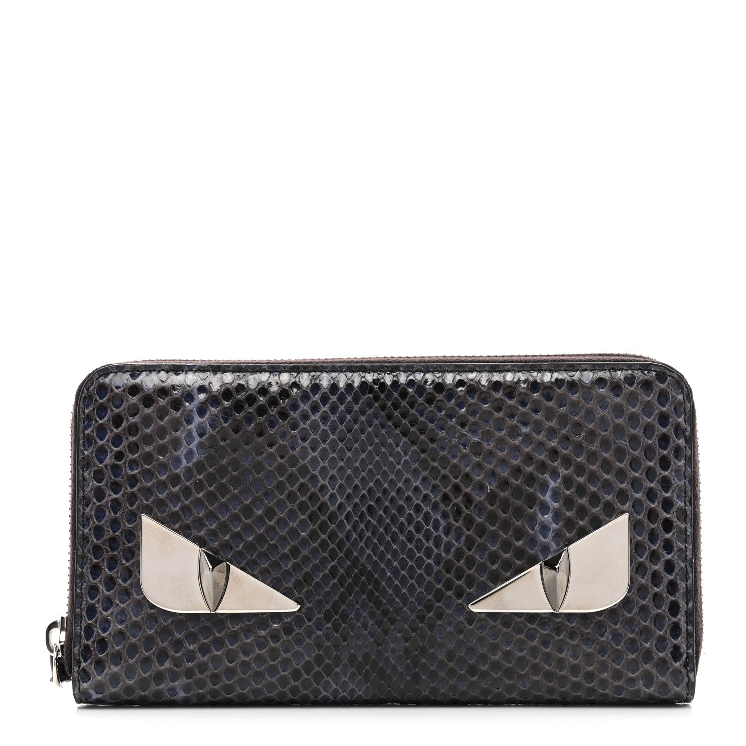 Fendi Snakeskin Metal Monster Eyes Zip Around Wallet Navy 1 of 12