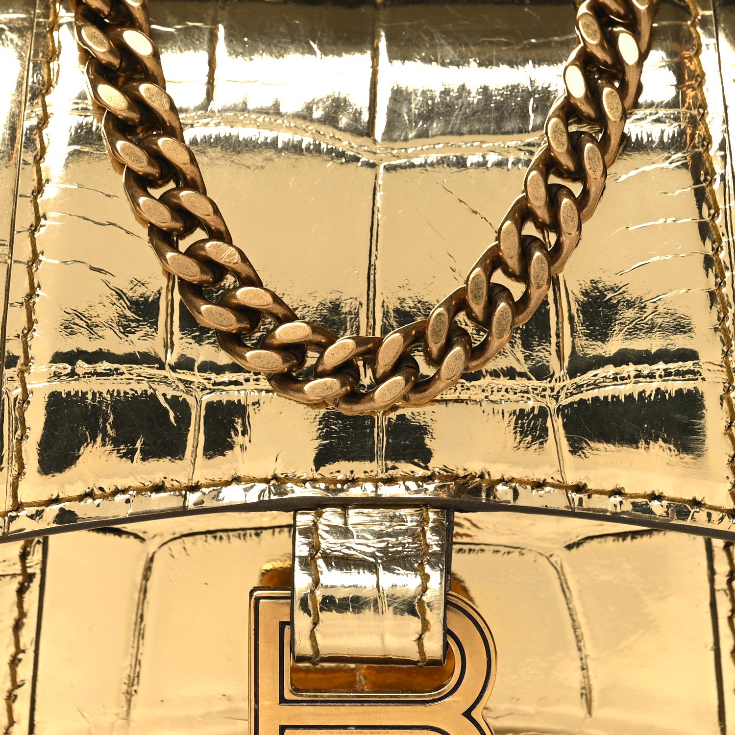 Balenciaga Metallic Calfskin Crocodile Embossed Hourglass Top Handle Bag Mini with Chain Gold 8 of 10